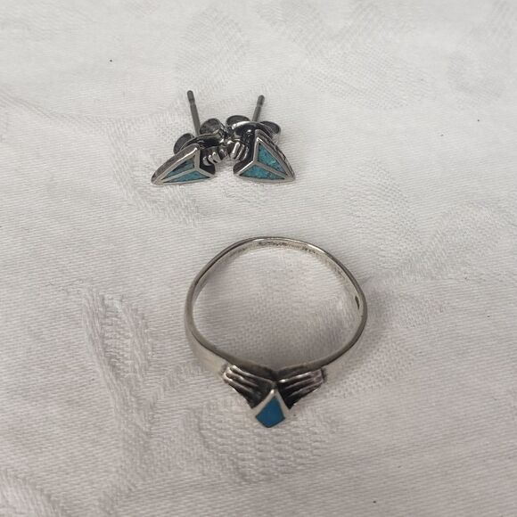 Silver turquoise Navajo South Western ring & earrings - Picture 1 of 6